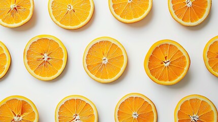 Close-up of orange slices laid out in a pattern on a clean white table, forming a bright and refreshing background