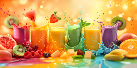 Sticker - Dynamic background with colorful smoothie splashes and fresh fruit, creating a lively and healthy feel, perfect for promoting health drinks or smoothies