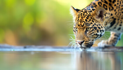 Leopard Drinking From a Tranquil Pond