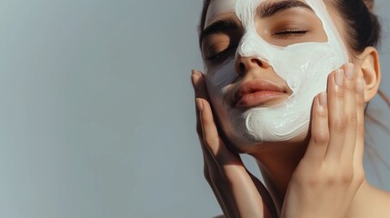 Canvas Print - Young woman applying face cream or facial mask at her face. Beauty model with perfect fresh skin. Spa and Wellness