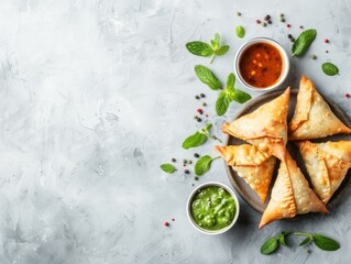 a plate of crispy samosas served with mint leaves and two types of chutney, creating a flavorful and