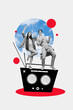 © deagreez - Creative trend collage of funny dancing couple friends boombox discotheque have fun billboard comics zine