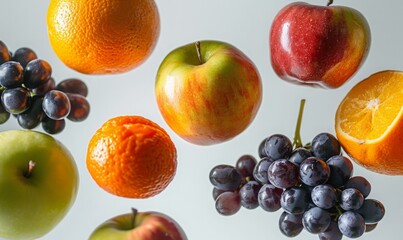 Wall Mural - Fresh fruits such as apples, oranges, and grapes floating in mid-air with a white background