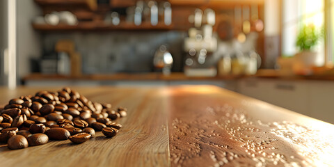 Wall Mural - Textured ceramic surface with coffee beans and a blurred background of a cozy home kitchen, perfect for promoting home-brew coffee or kitchenware 