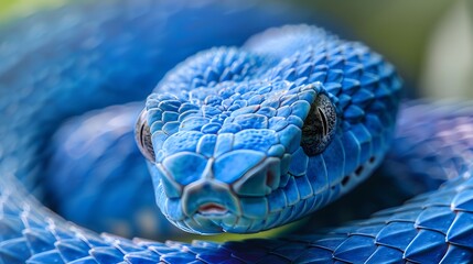 Blue viper snake closeup face. 