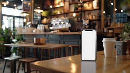 Poster - Mockup advertising in a cafe with a white screen on a phone