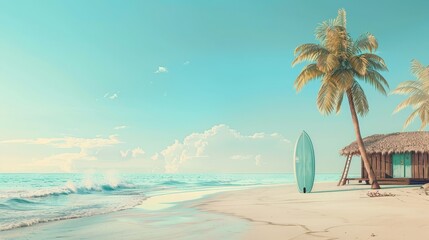Wall Mural - Serene and Inviting Summer Beachside Cabana with Surfboard and Ample Copy Space at the Top for Text Overlay