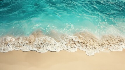 Poster - Breathtaking turquoise ocean and pristine white sandy beach in a stunning tropical vacation landscape. Serene and inviting scenery with ample copy space for text overlay.