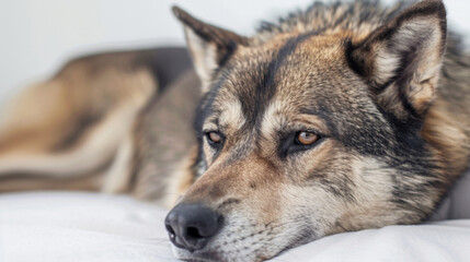 Wall Mural - A dog or wolf is laying on a white bed, napping sleeping