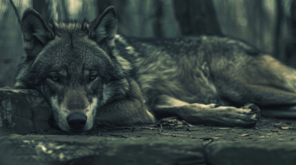 Wall Mural - An old wolf is laying down on a stone slab