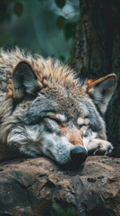 Wall Mural - A wolf is sleeping on a rock in the forest