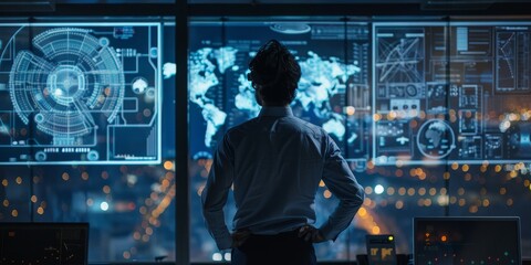 Businessman looking at futuristic screens with data and graphs. Technology, big data and digital transformation concept.