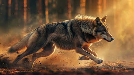 Wall Mural - A fast wolf is running through the woods, leaving a trail of dust behind it