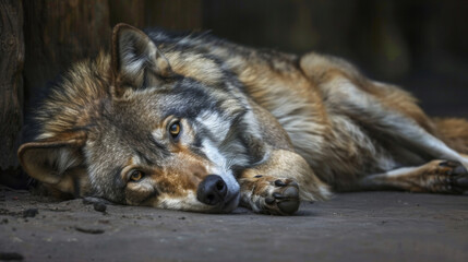 Wall Mural - A sick stray dog is laying on the ground with its head down