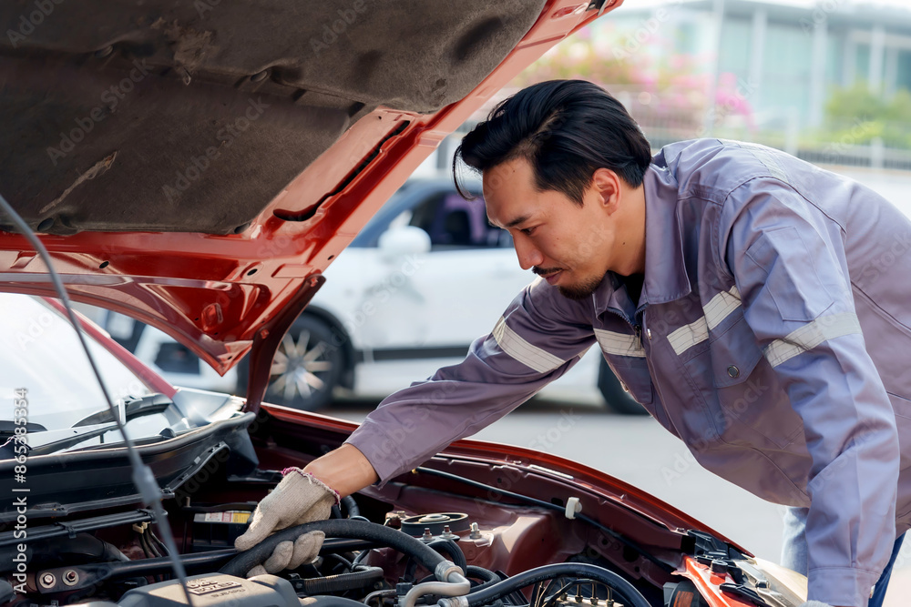 Asian male mechanic working under the hood of a red car in an outdoor ...