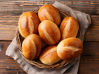 Wall Mural - morning bread bun in the small rustic basket on the wooden table