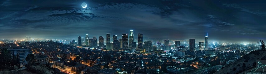 Wall Mural - 32:9 panoramic view of the city of Los Angeles at night