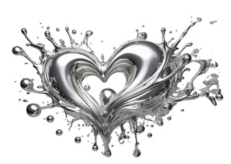 AI generated illustration of a metallic and silver heart with liquid and splashes in png format with transparent background