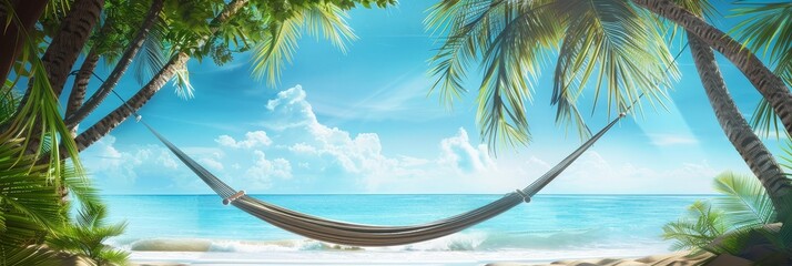 Wall Mural - Peaceful and tranquil summer scene with a hammock nestled under swaying palm trees,the ocean and blue sky visible in the background.