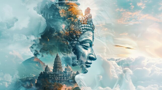 Double exposure of a heroic Hindu deity silhouetted against a serene,tranquil landscape - symbolizing the power of faith and belief in the divine.