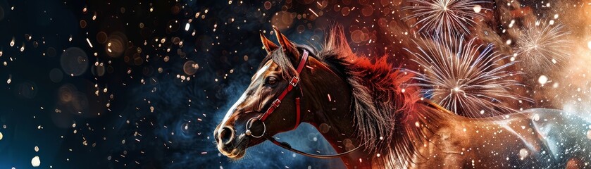 Poster - Captivating double exposure of a horse silhouette blended with a vibrant display of fireworks bursting in the night sky,creating a mystical and visually striking composition with ample copy space.