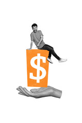 Sticker - Composite trend artwork 3D sketch image photo collage of trader business money dollar on arm young man sit hand show gesture finger point