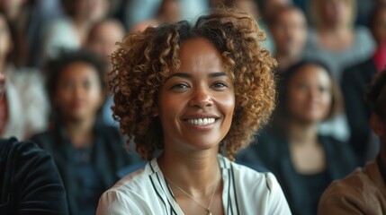 Smiling Woman In An Audience At Conference, Happy Female With Curly Hair In Professional Environment, Group Of People Networking, Business Event, Close-Up Portrait In Focus With Blurred Background
