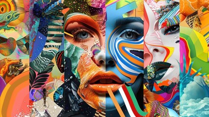 Wall Mural - A woman's face is painted on a canvas with a colorful background. The painting is abstract and has a lot of different shapes and colors