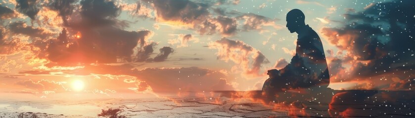 Wall Mural - Captivating double exposure image depicting a revered scholar against the backdrop of a serene desert sunset,symbolizing the profound connection between religious belief and inner contemplation.