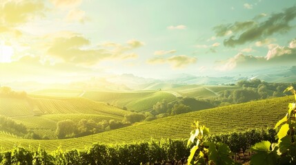 Wall Mural - Breathtaking panoramic view of a lush vineyard nestled between rolling green hills,creating a serene and picturesque pastoral landscape perfect for vacation wallpaper or travel-related content.