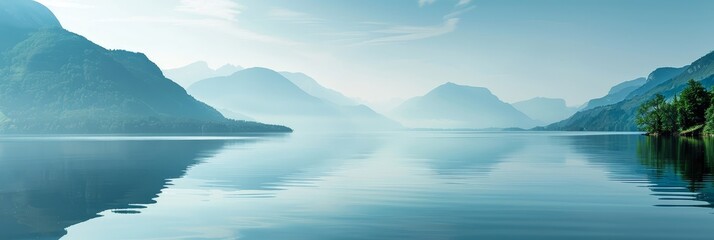 Canvas Print - Serene summer landscape featuring a tranquil lake surrounded by majestic mountains in the background,providing ample copy space at the bottom for text or design elements.