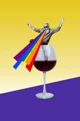 Wall Mural - Vertical photo collage of happy old man dance wine glass rainbow lgbt propaganda alcohol event addiction isolated on painted background