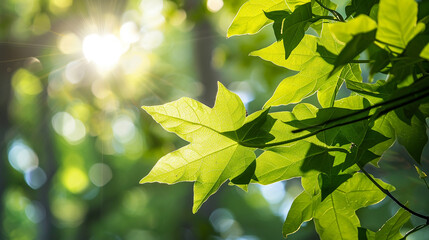 Poster - Close-up of green leaves with sunlight filtering through, symbolizing nature and freshness, ideal for concepts of growth and sustainability.