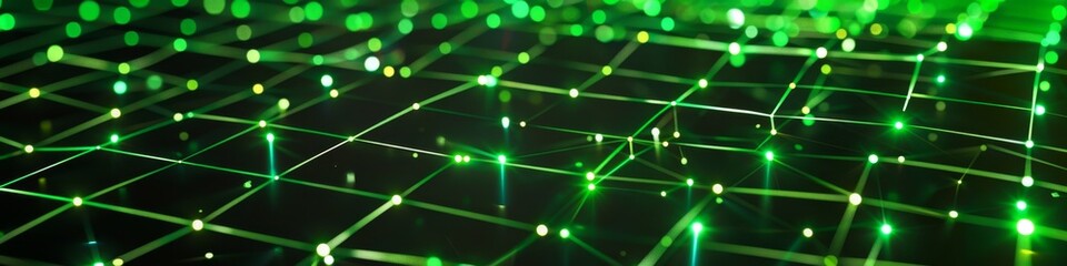Wall Mural - Square grid pattern with glowing green squares interconnected by thin lines, overlaid on a gradient background