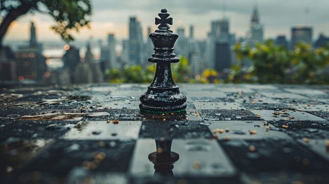 A chess king piece with a city skyline, blending leadership in chess and business.