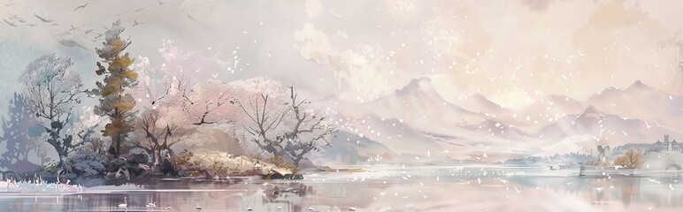 Wall Mural - Serene Blossoming Mountainscape A Sumi e Ink Painting of Young Trees and Sakura with Happiness Hieroglyph. Wall art. AI generated illustration