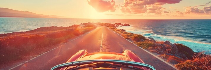 Sticker - Captivating vacation wallpaper showcasing a scenic open road trip adventure with a sleek convertible car winding through a picturesque countryside landscape.