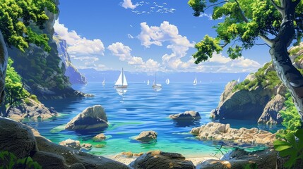 Canvas Print - Peaceful and Serene Cove Landscape with Sailboats on the Horizon and Ample Empty Space in the Center for Wallpaper or Background