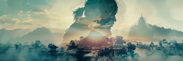 Wall Mural - Dual Spirits - A powerful double exposure image that represents the strength and spirituality found in faith. The contrasting imagery of a warrior and a peaceful village evokes a sense of balance.