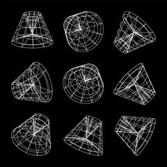 Wireframe lined shapes. Perspective mesh, 3d grid. Low poly geometric elements. Retro futuristic design elements, y2k, vaporwave and synthwave style. Vector illustration