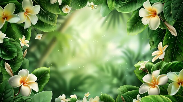 Green leaves and flowers frame background with copy space for text. Spring summer nature concept, vector illustration design