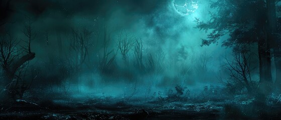 Wall Mural - tree forest in dark nature night with foggy landscape of fantasy light for halloween magical and mysterious blue horror moonlight background