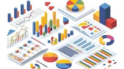 Wall Mural - Business presentation data report illustration in isometric view isolated on white backgroun