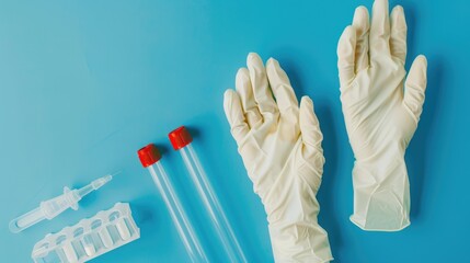 Latex gloves and coronavirus test tube on blue background COVID 19 protection concept