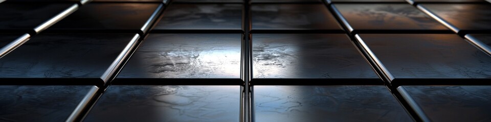 Wall Mural - Square grid in a metallic finish, reflecting light subtly against a dark and sleek backdrop