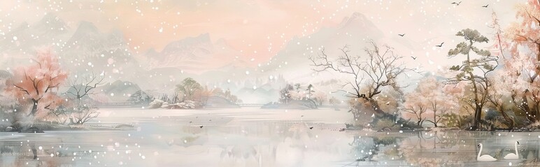 Wall Mural - Serene Blossoming Mountainscape A Sumi e Ink Painting of Young Trees and Sakura with Happiness Hieroglyph. Wall art. AI generated illustration
