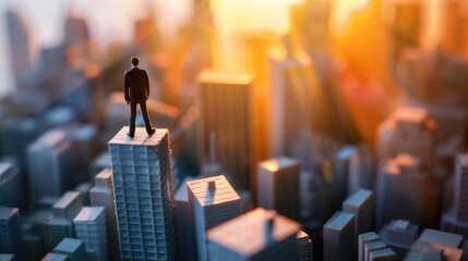 Miniature businessman stepping on success blocks with cityscape shadow vertical business concept