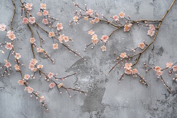 Stucco artwork of sakura branches adorned with pale rose blossoming flowers