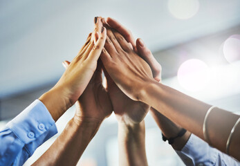 Fototapete - Cooperation, people and high five in negotiation, office and agreement of merger of company and unity. Meeting, celebration, deal and coalition for politics in Germany, government or yes in business