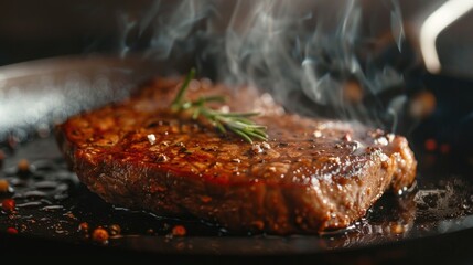 Poster - Cooking a flavorful meat bone or BBQ steak on a sizzling pan